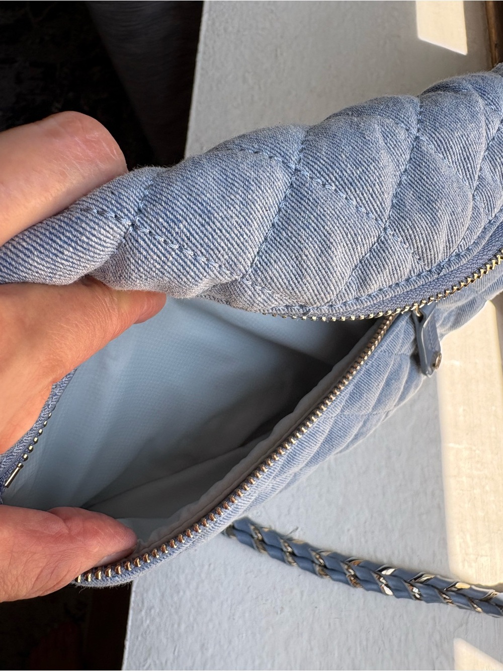 MZ Wallace Quilted Light Blue Crossbody Belt Bag with Gold Hardware - Picture 9 of 11